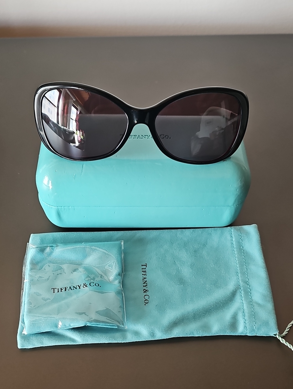 Tiffany & Co. Oversized Black Sunglasses w Tiffany Blue Arms Case and Pouch 4032